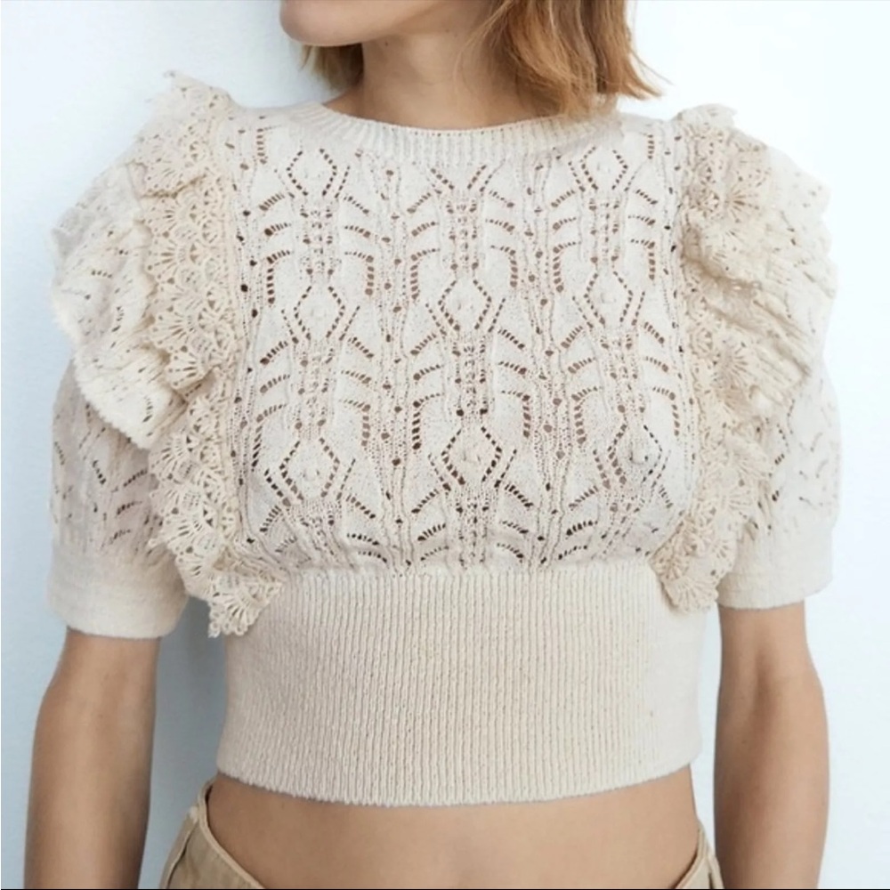Zara Cream Open Knit Cropped Short Sleeve Sweater Top